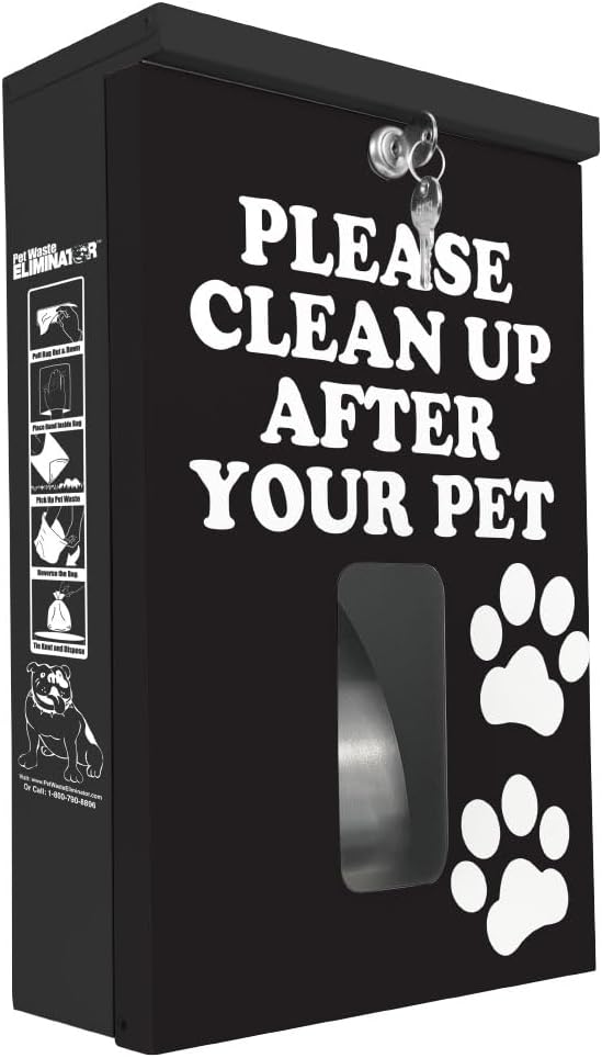 Dog Waste Station Dispenser Box - Paw Prints Black Design - Rustproof Aluminum - Pet Waste Bag Dispenser with Lock and Rainguard - Fits Any Dog Poop Bag (No bags included)