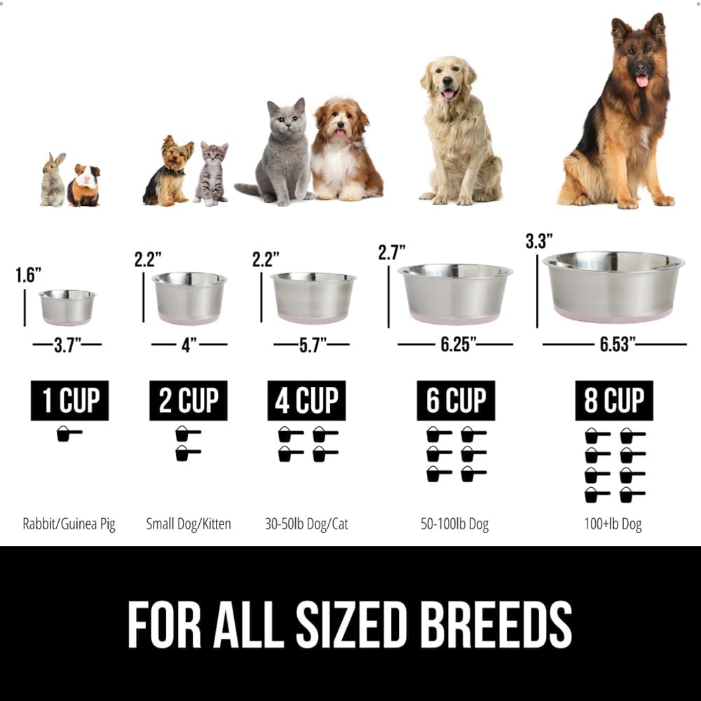 GORILLA GRIP Set of 2 Dog Bowls, Heavy Duty Metal Food and Water Bowl for Feeding Dogs and Cats, Dishwasher Safe, Rust Resistant Stainless Steel, BPA Free Rubber Base, Holds 1 Cup (8 fl oz), Lt Pink