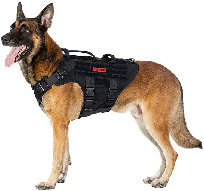 OneTigris Large Tactical Dog Harness, No Pulling Adjustable Dog Vest Harness, Heavy Duty Dog Harness with Handle, Large Hook and Loop Panels for Patch(Black,S)