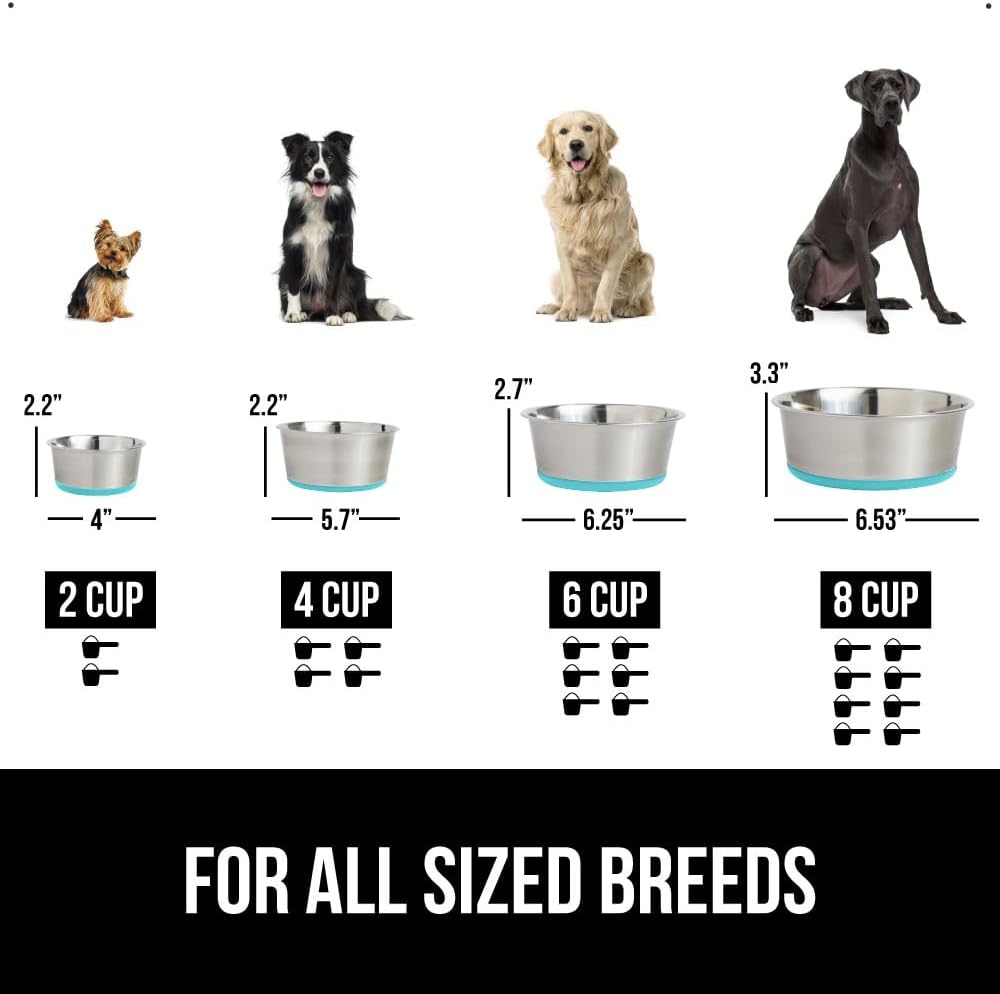 GORILLA GRIP Set of 2 Dog Bowls, Heavy Duty Metal Food and Water Bowl for Feeding Dogs and Cats, Dishwasher Safe Rust Resistant Stainless Steel, BPA Free Rubber Base, Holds 2 Cups (16 fl oz) Turquoise