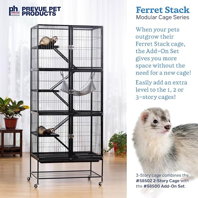 Prevue Pet Products Ferret Stacking Cage Add-On Unit - Extra Level with Ramps and Platform for Modular Ferret Habitat, Accessories for Cage Expansion with Shelves & Ladders for Climbing - Black