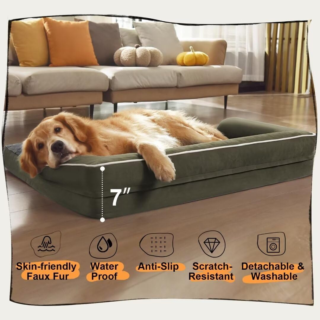 Large Dog Bed Orthopedic Washable - Removable Waterproof Cover Bed Pet - Large Big Dogs - Memory Foam - Couch Sofa with Removable Bolster - Dark Green Dog Bed