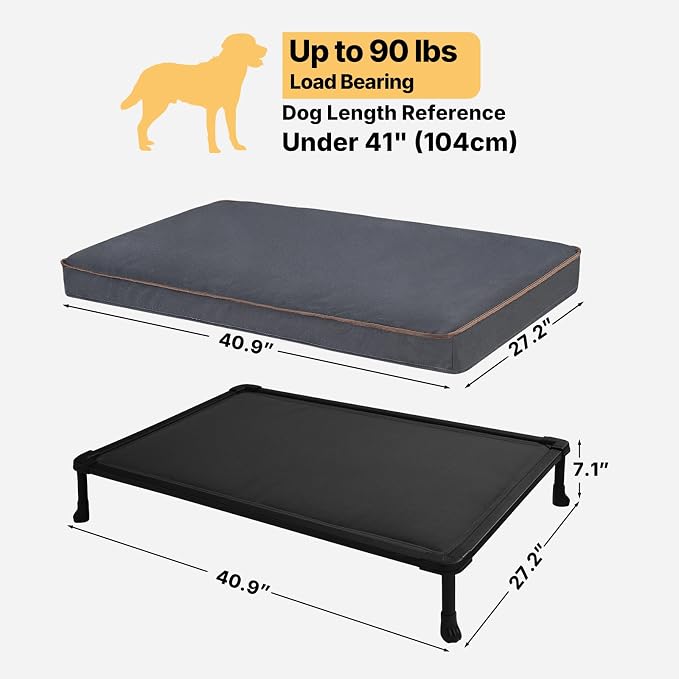 Veehoo Chew Proof Dog Bed, Orthopedic Elevated Dog Bed with Padded Cover | Washable Indestructible Raised Dog Cot for Indoor & Outdoor, Large Dog Bed with Non-Slip Feet, 41" x 27", Dark Grey
