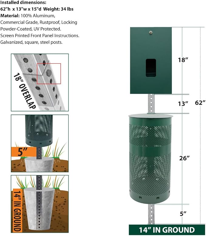 Zero Waste USA - Low Profile Dog Waste Station - EZ-Tie Hanging Bag System - Free 400 waste bags and 25 can liners - Over 500k sold in USA (Gloss Green)