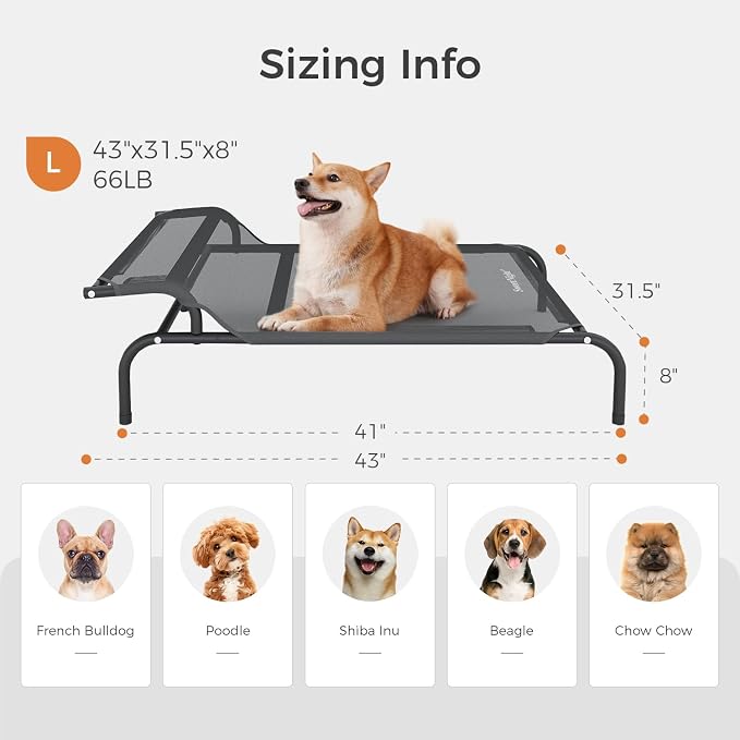 Sweetnight Elevated Dog Bed, Headrest Raised Cot with Steel Frame | 43 Inch Waterproof Heavy Duty Steel Frame Dog Bed, Supports 66-88 lbs Large Dogs, Easy Assembly Outdoor Indoor Pet Cot