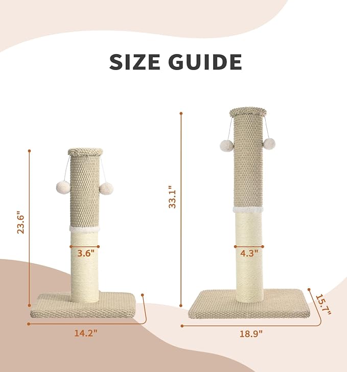 Made4Pets Tall Cat Scratching Post with Sisal & Carpet for Indoor Cats, 33" | Cat Scratcher with Wide Stable Base, Interactive Hanging Toys, Ideal for Adult Cats, Large Breeds and Full-Body Stretching