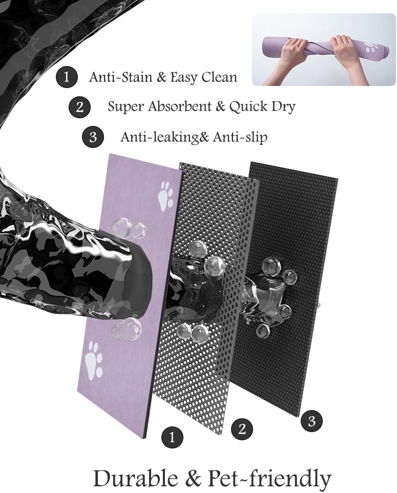 Pet Feeding Mat-Absorbent Dog Mat for Food and Water Bowl-No Stains Quick Dry Water Dispenser Mat-Dog Accessories Pet Supplies-Bowl for Messy Drinkers(Purple,12"x19"