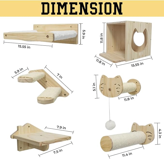 Wall Climber Set – Mounted Shelves and Climbing Bridge for Active Indoor Pets – 6-Piece Furniture Set