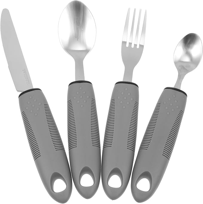 Adaptive Utensils for Elderly Adults Non-Weighted Built-up Handle Tableware Set Includes Fork Spoon Cutter Supports Arthritis Hand Tremors Easy Clean 8.85 Inch