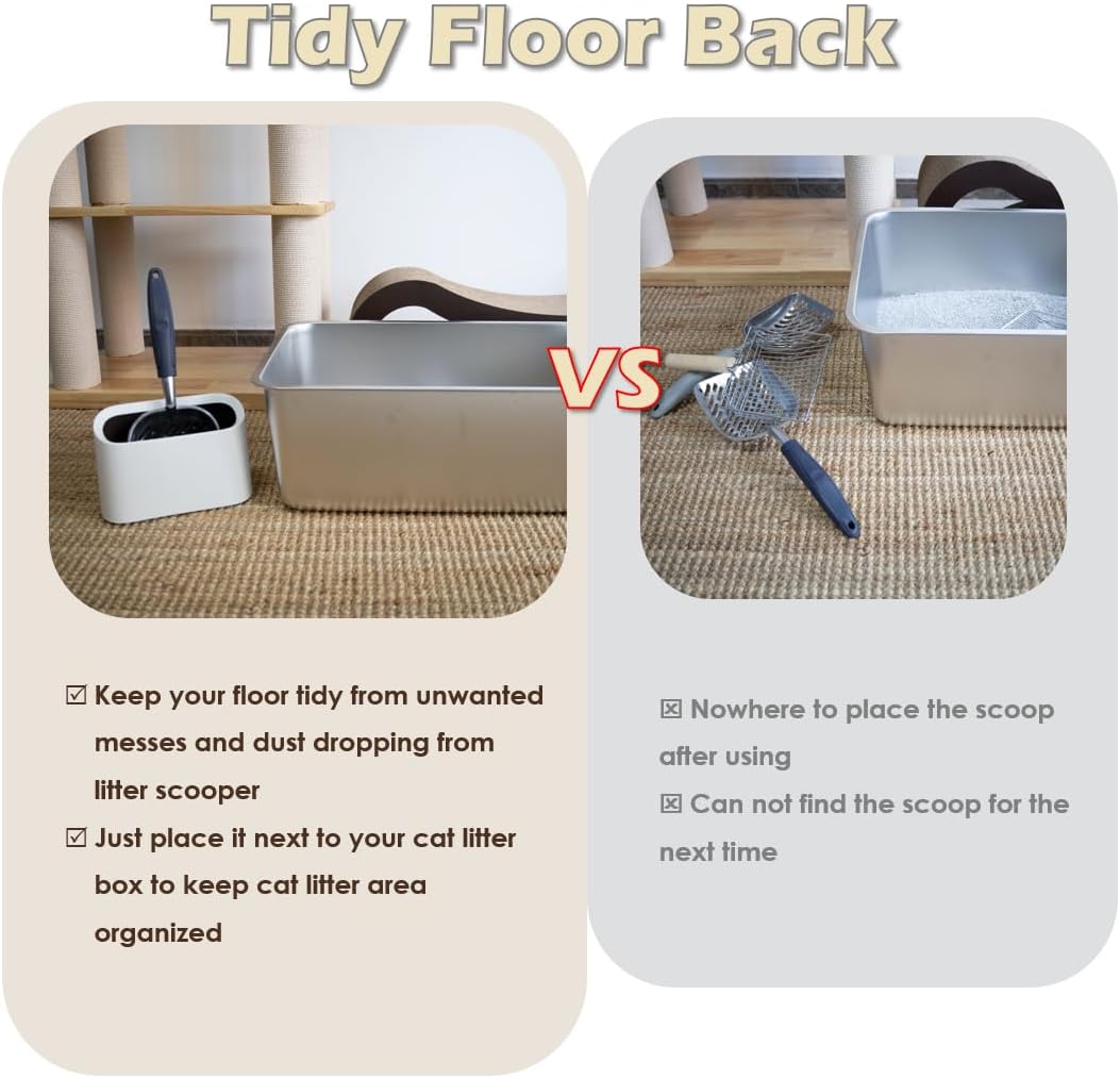 Heavy-Duty Metal Cat Litter Scoop with Holder, Aluminum Cats Litter Scooper Captures All Clumps, Kitty Metal Scooper and Holder (White)