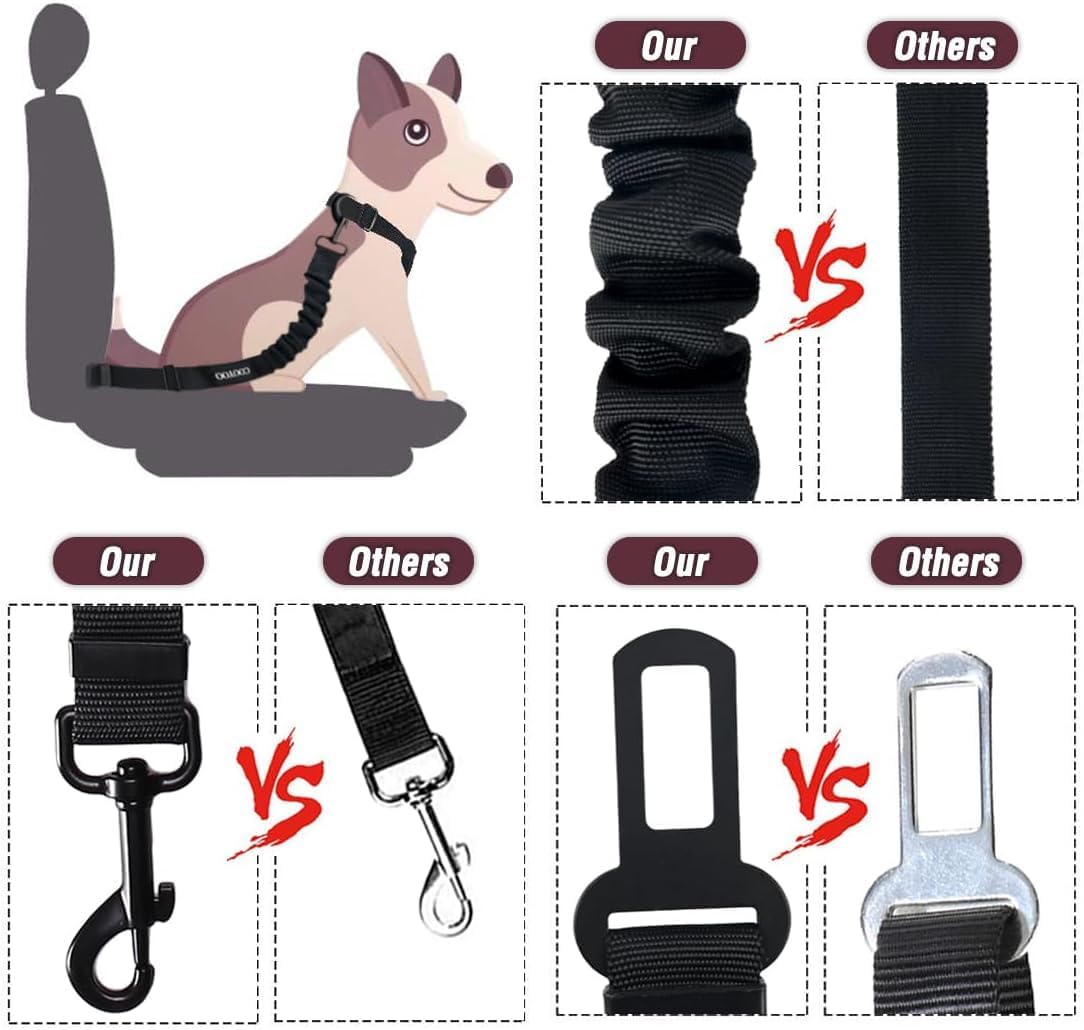 COOYOO Dog Seat Belt,Retractable Dog Car Harness Seat Belt for Car Adjustable Nylon Pet Safety Seat Belts Heavy Duty & Elastic Bungee Buffer