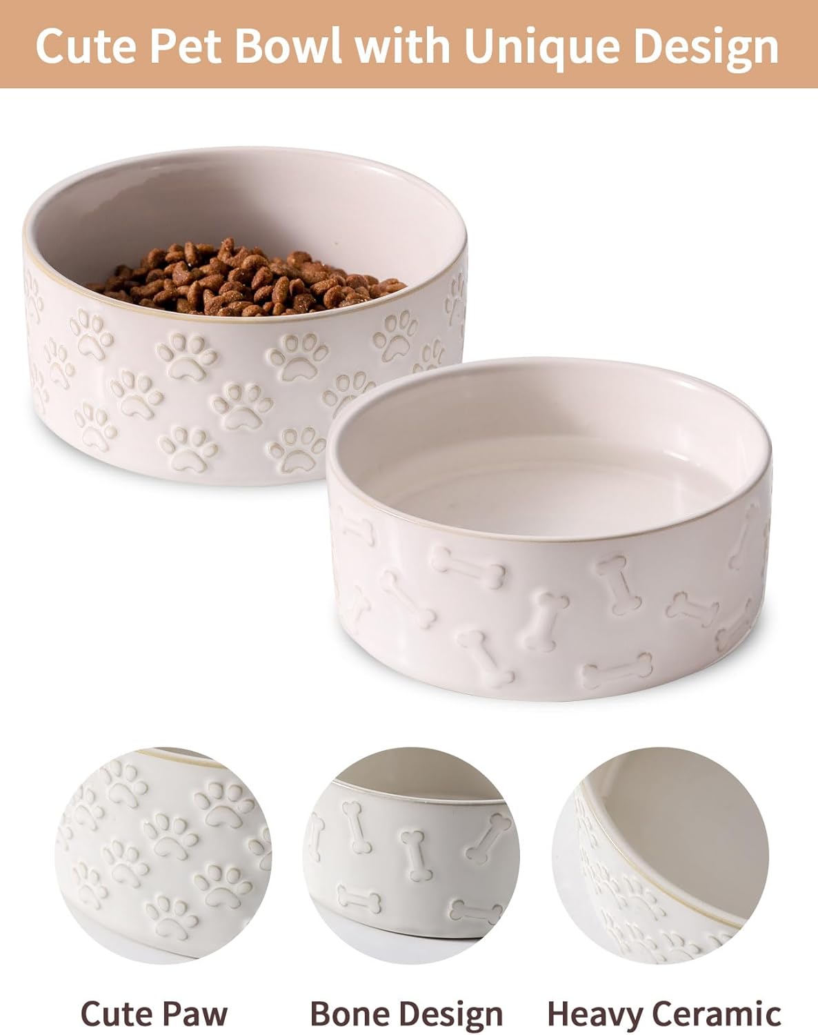 UBEE Ceramic Dog Bowl Set of 2, 5.1 inch Dog Food Bowl with Bone Pattern, Pet Food Water Dish Feeding for Small Dogs and Large Cat, White