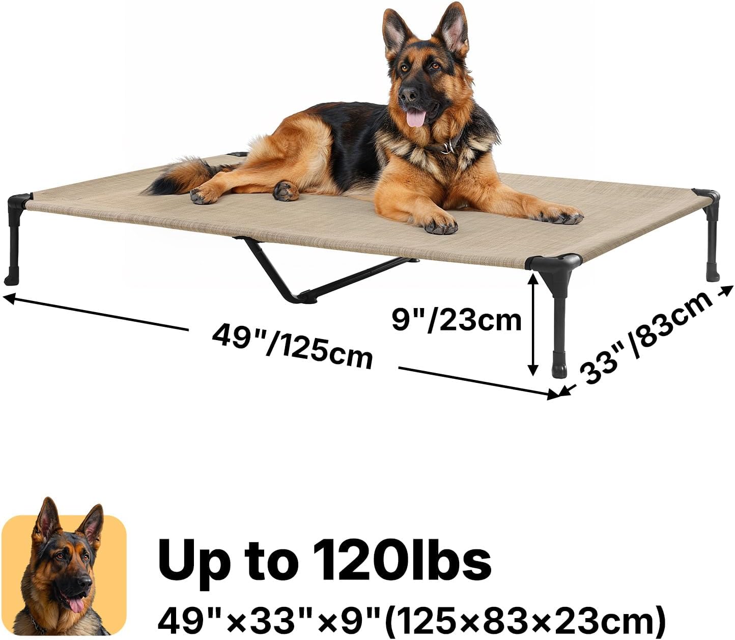 Veehoo Outdoor Elevated Dog Cot Bed, Cooling Raised Pet Bed for X-Large Dog, Washable Breathable Mesh Hammock Bed with No-Slip Feet, Indestructible Ground Off Training Platform Cot-49"x33"Beige Coffee