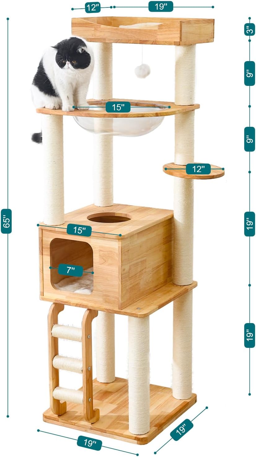 65-inch Tall Cat Tree,Cat Tower for Indoor Cats with Feel-Safe Enclosed Cat Cave、Scratching Post、Space Capsule Nest and Cat Ladder