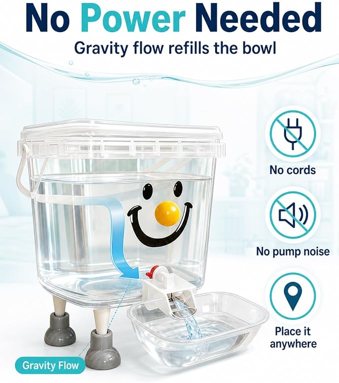 Pet Water Dispenser with Large Capacity Elevated Gravity Bowl for Dogs Cats | Clear plastic tank on sturdy raised stand feeds wide tray indoors outdoors daily hydration nopower cord refillable easy clean