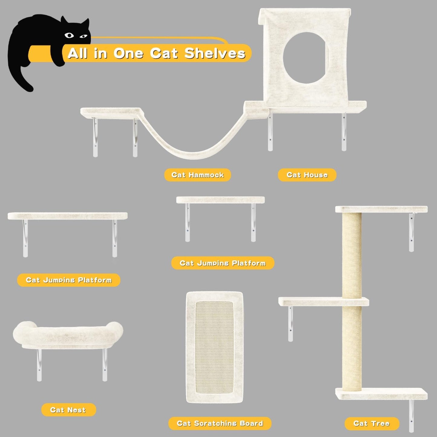 NUNU LAB Wall Mounted Cat Furniture, 6 Pcs Cat Wall Shelves with Condo House, Bridge, Steps, Scratcher, Hammock, Indoor Safe & Stable Furniture for Kittens Play, Beige