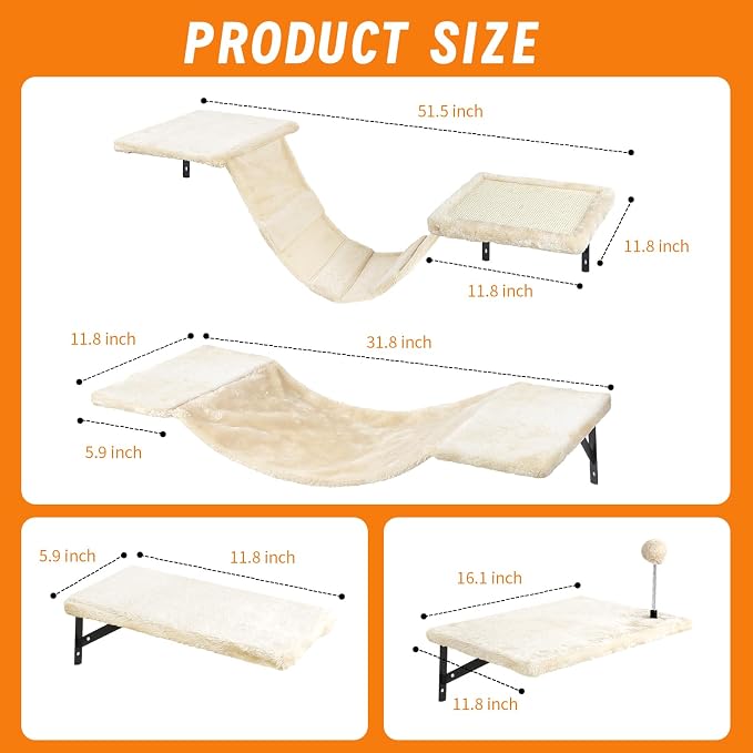 Wall-Mounted Cat Climber Set,Space-Saving Cat Wall Shelves for Large Cats | Multi-Level Climbing, Wood Wall Furniture, Perches, Bridge, Hammock, Scratcher, Indoor 40 lbs Small Place Corner Room Play