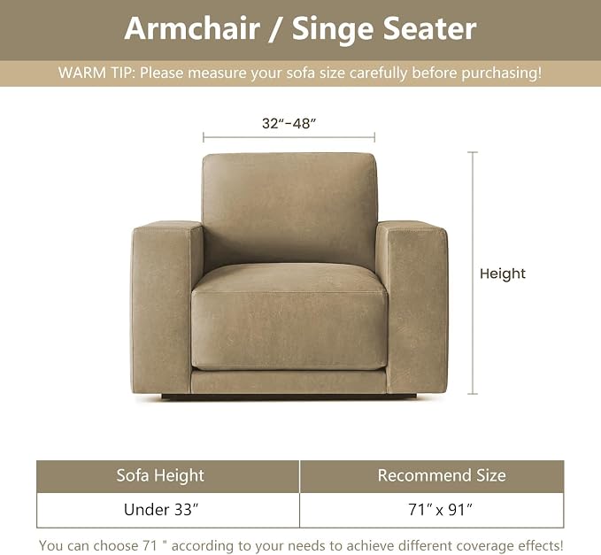 MYSKY HOME Oversized Armchair Couch Cover for 1 Cushion Couch, Washable Sofa Protector, Chair Couch Covers Sofa Covers Sofa Throws Sofa Slipcovers Futon Cover for Pet, Kid, 71"X91", Sand