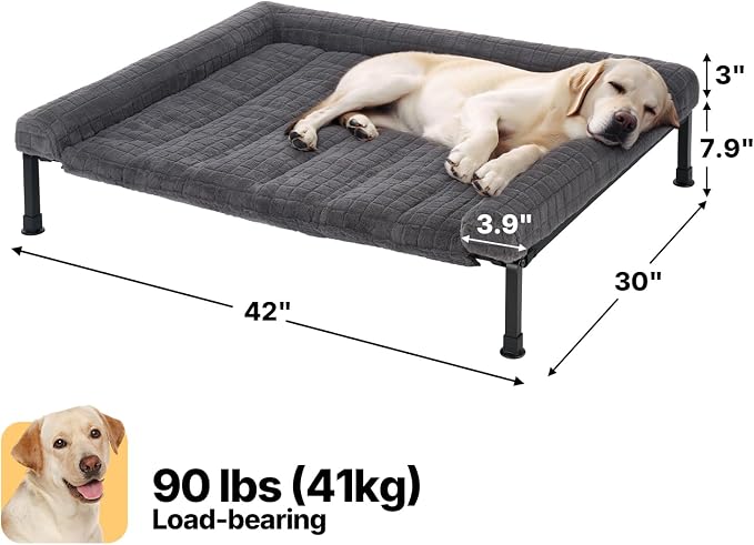 Veehoo Elevated Dog Bed with Fluffy Plush Bolster Cushion, Dog Couch Bed | Cooling Raised Dog Bed for Large Dogs, Washable Orthopedic Pet Cot with Removable Mat, Breathable Mesh, Non-Slip, 42", Grey