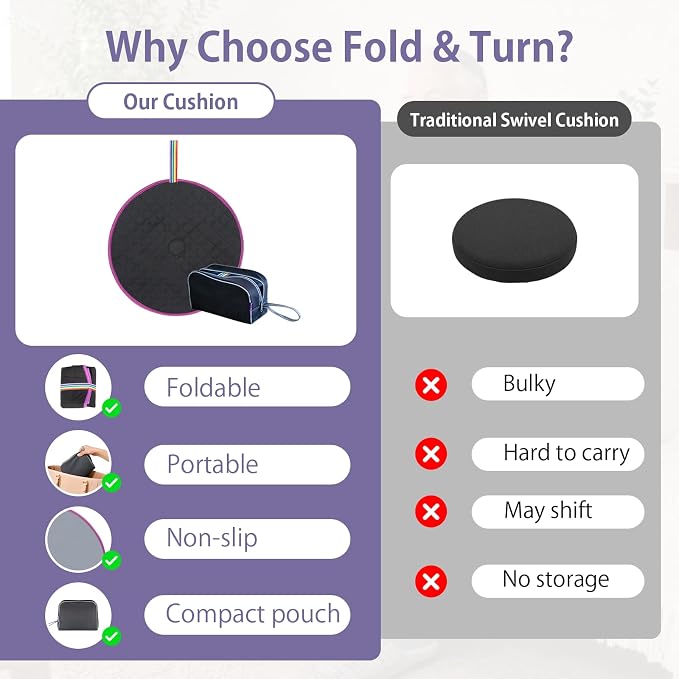 Fold & Turn Swivel Seat Cushion – Portable 360° Rotating Chair Pad with Non-Slip Base, Foldable Quilted Cotton Seat for Car, Home & Office, Compact Travel Design, Supports up to 330 lbs