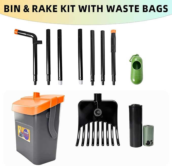 46" Pooper Scooper Swivel Bin & Rake for Large Small Dogs with Bag Attachment, Long Handle Poop Scooper with Lid for Yard (Orange)