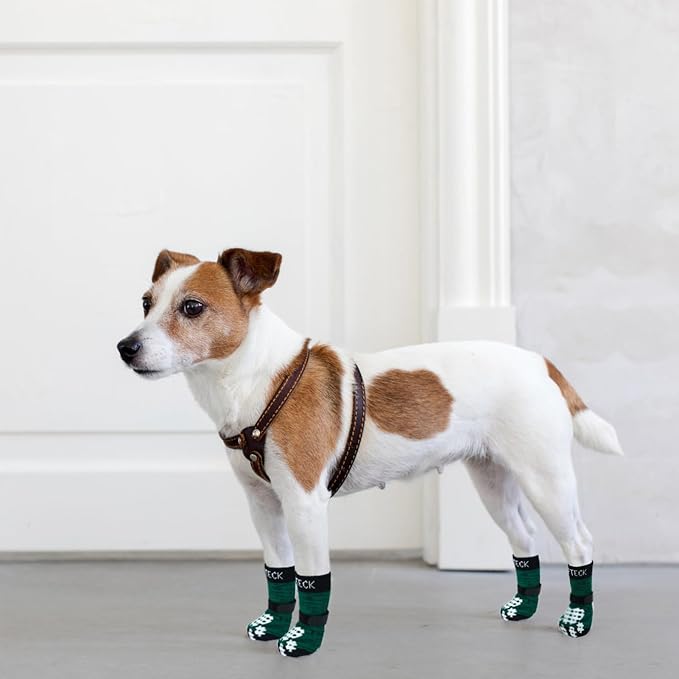 PUPTECK Anti-Slip Dog Socks with Double Sides Grips for Small Medium Large Dogs Hardwood Floors Prevents Licking, Dog Shoes for Hot Pavement Traction Control for Senior Dogs, Dark Green, XS