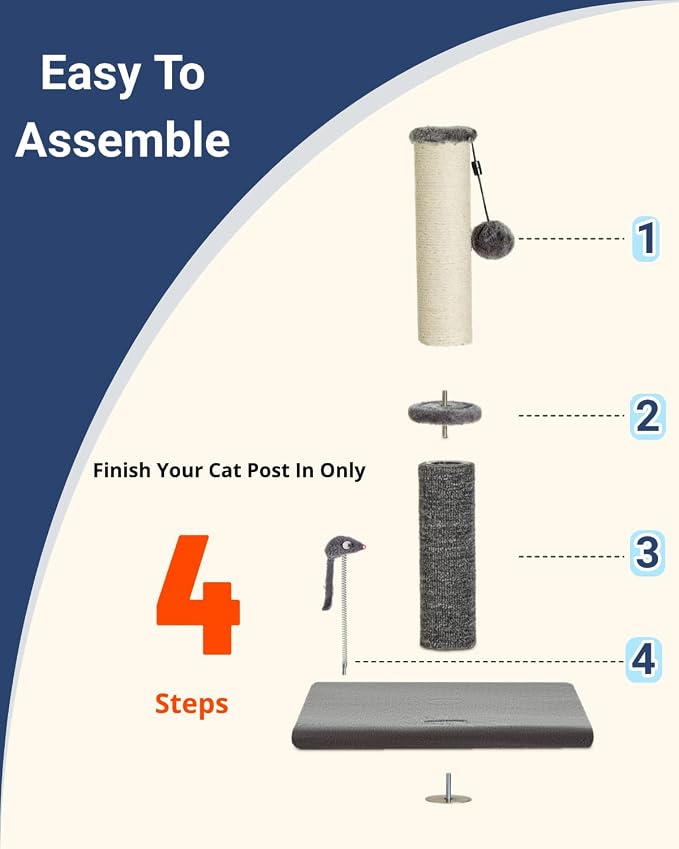 Happi N Pets 29.5" Tall Cat Scratching Post, Cat Scratchers for Indoor Cats, Sisal Scratch Post & Carpet Post in One, Stable Cat Scratch Post with Two Toys, Extra Free Toy, Light Gray