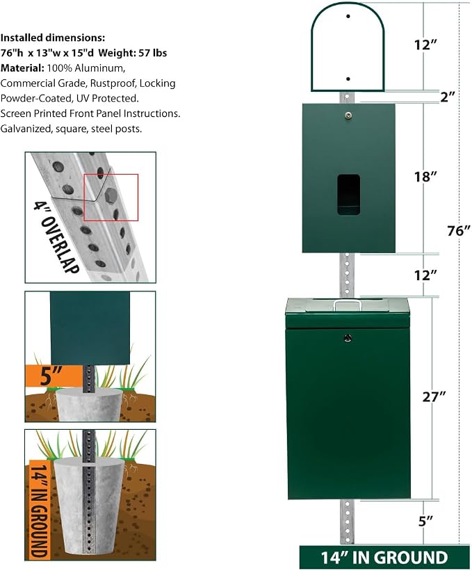 Zero Waste USA - The Gladiator® MittN Bag™ Dog Waste Station - Gloss Green | Premium station with locking 11-gallon sealed-chute can, 400 MittN Bag™ header bags & 10-year warranty