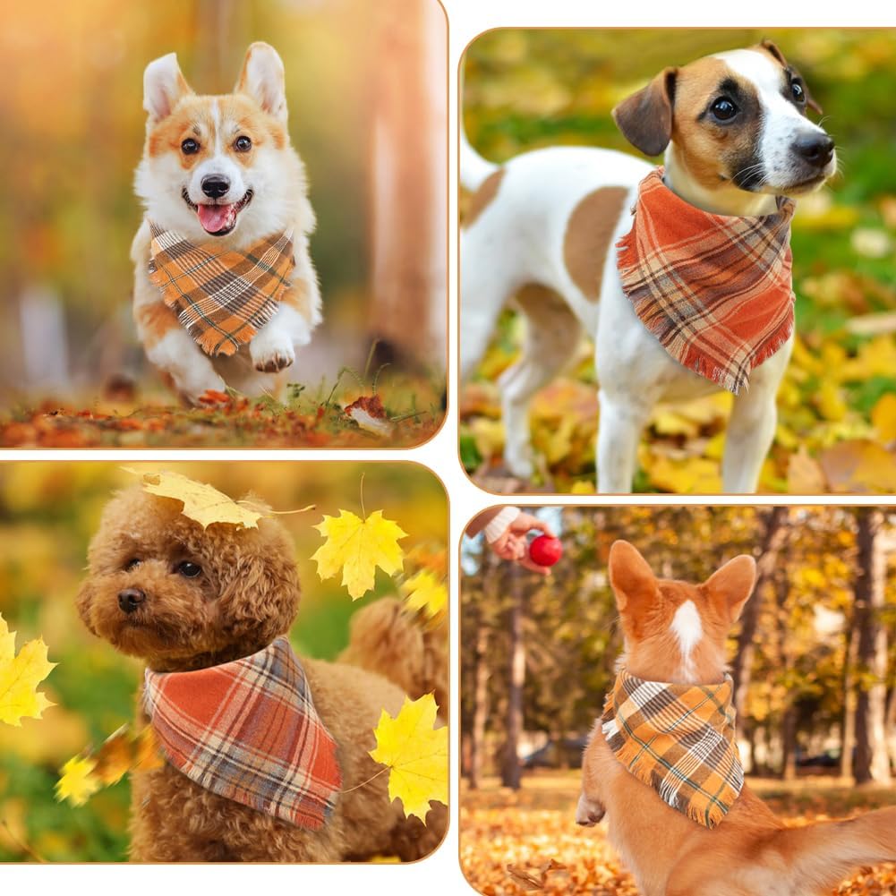 Vivifying Halloween Dog Bandana, 2 Pack Classic Plaid Fall Dog Scarf with Tassels Edges, Funny Pet Apparel & Accessories Costume for Thanksgiving Photo Prop, and Party Decor (Small, Yellow&Orange)