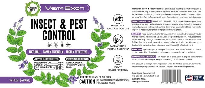 VermExon Peppermint Oil Insect & Pest Control Spray – 16oz Natural Plant-Based Bug Killer for Spiders, Ants, Flies, and Other Insects, Safe for Home & Kitchen Use