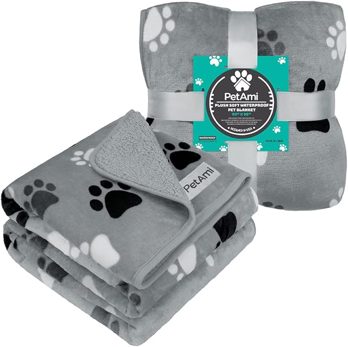 PetAmi Waterproof Dog Blanket - Pee Proof for Extra Large Dogs, Reversible for Puppy & Cat, Soft Dog Crate Cover, Queen 90x90 Paw Gray