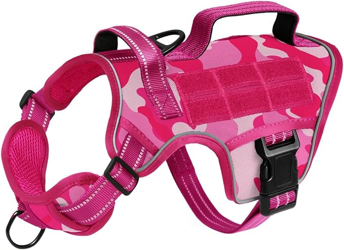 Dog Harness, Tactical No Pull for Small Sized Dog with Handle | Breathable Soft Padded, Adjustable, Reflective, Molle System, Heavy Duty, No Choke for Walking Training, Pink Camo Small