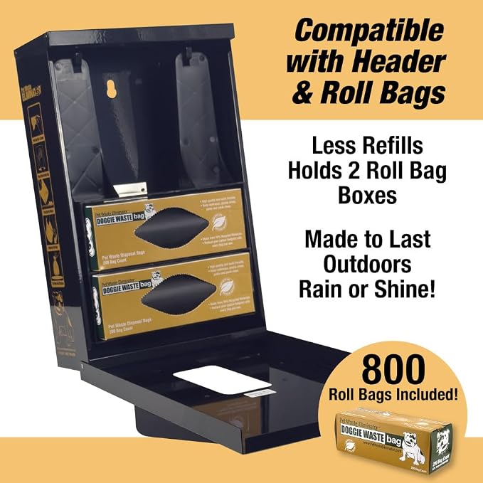 Dog Waste Station Dispenser Box - 800 FREE Dog Poop Bags - Made of Rust-Proof Aluminum - Pet Waste Bag Dispenser with Lock and Rainguard - For Commercial Use, Parks, Condos & HOA (Black)