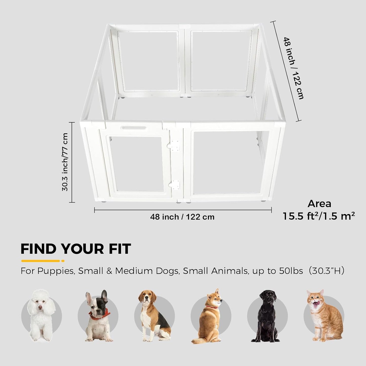 Clear Acrylic Plastic Dog Playpen - Clear Dog Play Pen - Easy Assemble Acrylic Dog Playpen - Puppy Playpen, Cat Playpen, Small Animal Playpen, Dog Play Pen Indoors (White, 30.3" H, 8PCS)