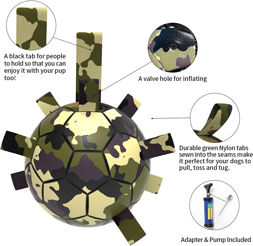 QDAN Dog Toys Soccer Ball, Interactive Toys for Tug of War, Dog Water Toy, Durable Dog Balls for Medium Large Dogs, Camouflage(8 inch)