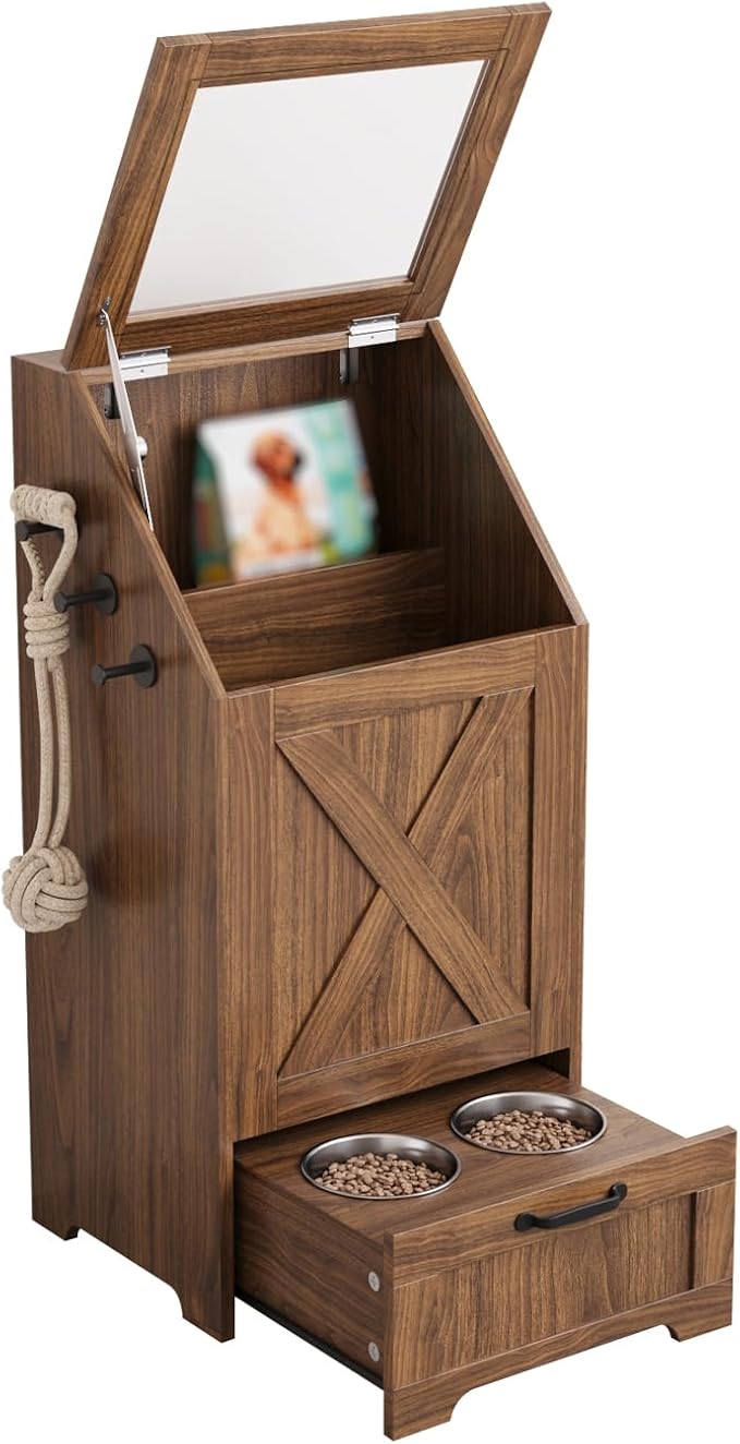 Dog Feeding Station,Dog Food Storage Cabinet,Pet Feeding Station with 2 Elevated Bowls,Hidden Pet Feeder Station with Hooks,Flip Top Pet Storage Organizer for Water,Feeding (Walnut)