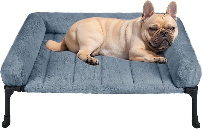 Veehoo Elevated Dog Beds Medium Sized Dog with Fluffy Plush Bolster Cushion | Orthopedic Raised Dog Beds for Indoor Outdoor, Soft Pet Sofa Cot with Removable Washable Mat, No-Slip Feet, 32" x 25", Blue