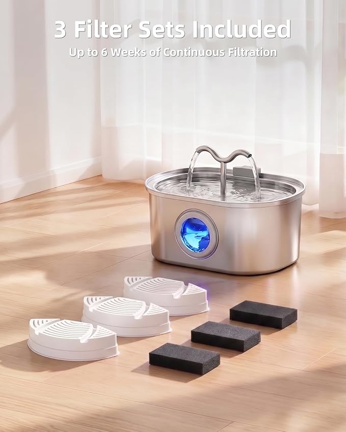 Cat Water Fountain Stainless Steel, 108oz/3.2L Pet Water Fountain for Cats Indoor, with Dual Spouts for Multiple Cats, Ultra-Quiet Automatic Dog Water Dispenser, 3 Pack Filters Included