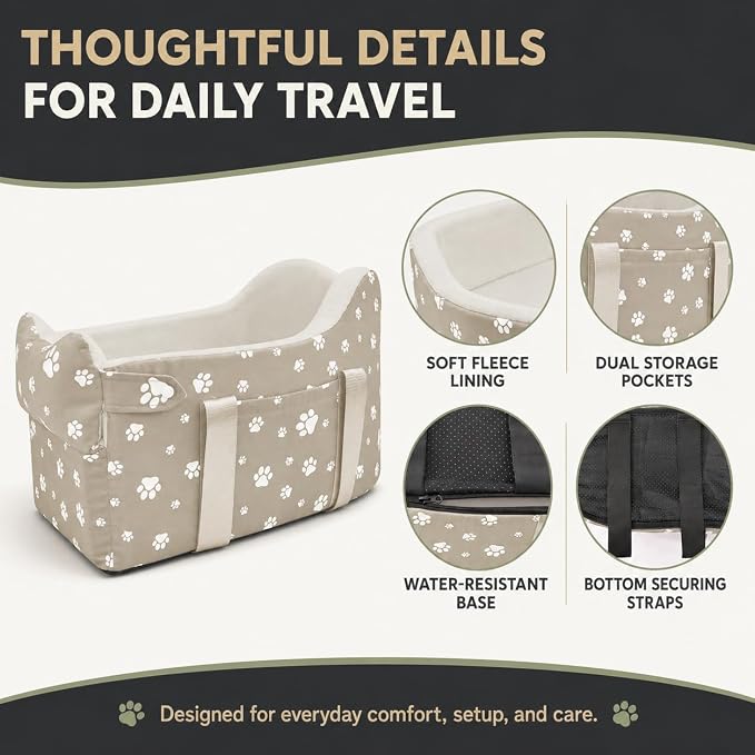 Dog Car Seat for Small Dogs (Under 15 lbs) β Center Console Pet Carrier with Safety Belt, Storage Pockets & Removable Washable Cover (Khaki Car Seat)