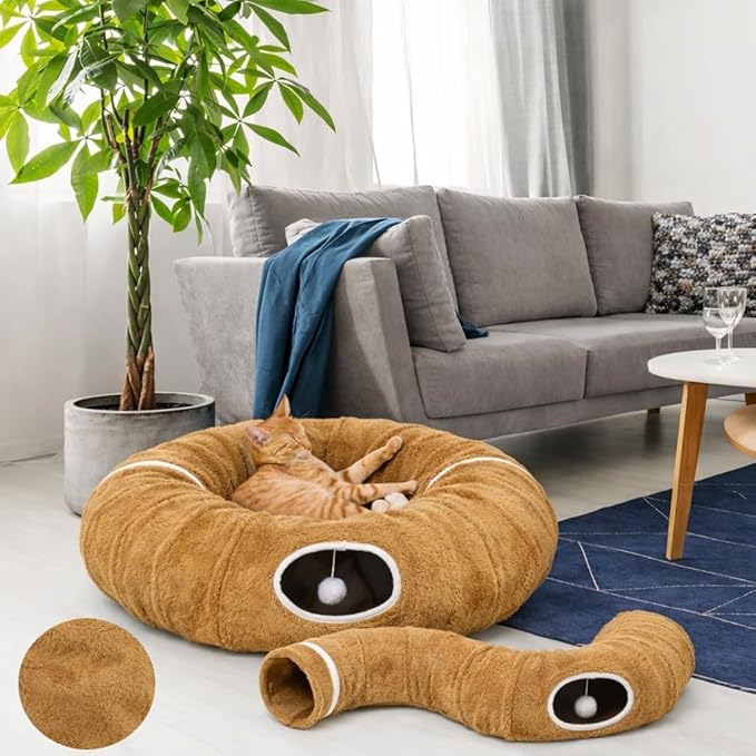 R1M Cat Tunnel Bed for Indoor Cats, Cute Cat Donut Tunnel Toys for Small, Larger Cats with Two Fish Cat Toys, Round Pet Peekaboo Cave Toy for Kitten, Brown (Brown)