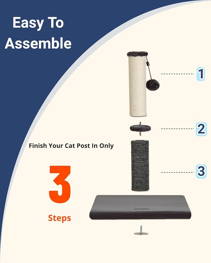 Happi N Pets Cat Scratching Post, Cat Scratcher for Indoor Cats, Sisal Scratching Post & Carpet Post in One, Stable Kitten Scratching Post with Replaceable Toy, Extra Free Toy, Smokey Gray