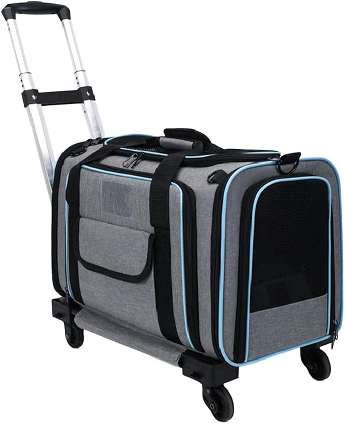 Pet Carrier with Wheels, Airline Approved Expandable Soft-Sided Travel Bag, Rolling Cat & Dog Carrier with 360° Wheels & Removable Pad, Fits Under Seat for Small Pets Under 30 lbs Grey