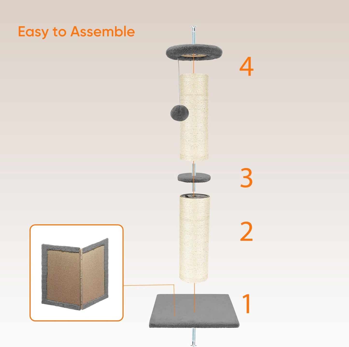 PAWSCRAT Cat Scratching Post 32" Tall, Large Diameter Natural Sisal Cat Scratch Post with Dangling Ball, Scratch-Resistant and Durable for Indoor Cats, Protect Your Furniture, LightGrey