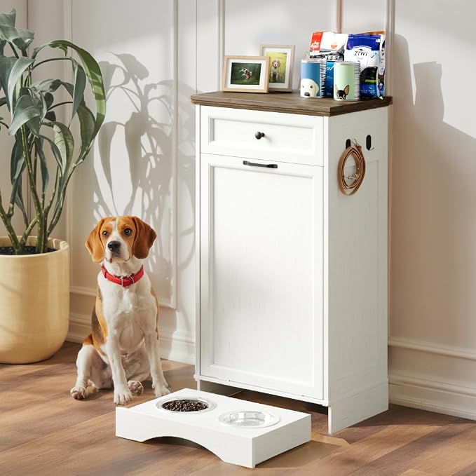 FIMELLO 21 ''WX 13''DX39''H Dog Feeding Station with 2 Feeding Bowls, Tilt-Out Dog Food Storage Cabinet with Drawer,Pet Feeder Cabinet,White Grain