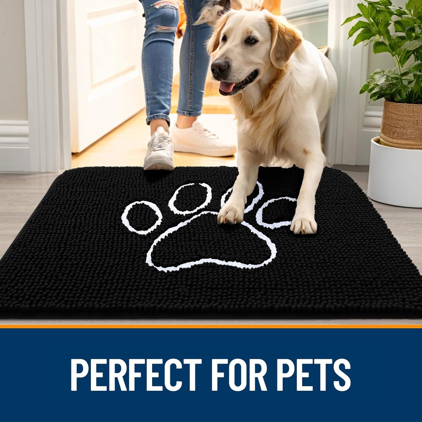 OLANLY Door Mat for Muddy Dog Paws 40x32, Ultra Absorbent Chenille Mud Doormat with Paw Print Design, Non-Slip Washable Doormat for Indoor Entryway, Quick-Dry Pet Bed Mats for Dirty Dogs, Black