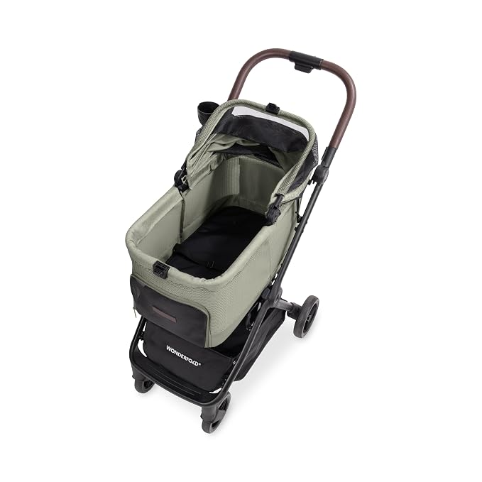 WonderFold Bella Pet Stroller - Autofold Design with Lightweight Aluminum Frame, Breathable Carriage Fabrics and Canopy, Safety Tethers & Easy-Clean Interior - Moss