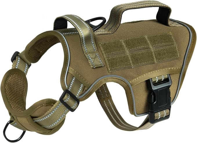 Dog Harness, Tactical No Pull for Small Sized Dog with Handle | Breathable Soft Padded, Adjustable, Reflective, Molle System, Heavy Duty, No Choke for Walking Training, Khaki Small