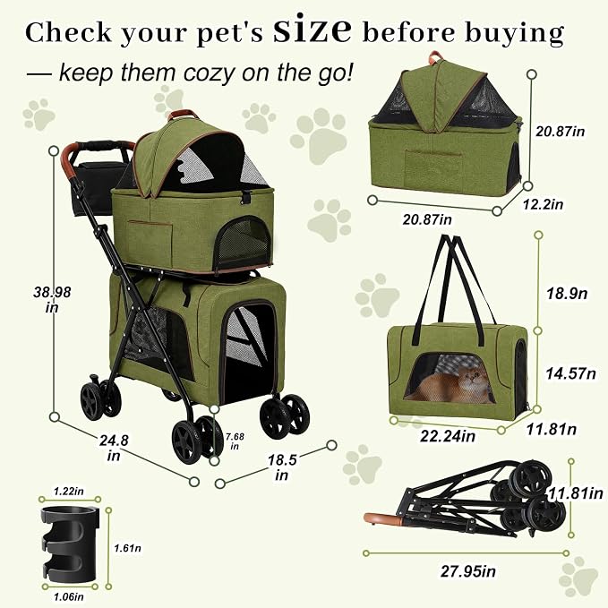 Double Pet Stroller, Foldable Dog Stroller with Detachable Carriers, All-Terrain Wheels, Cup Holder, Storage Bag, for Medium Dogs up to 20 lbs