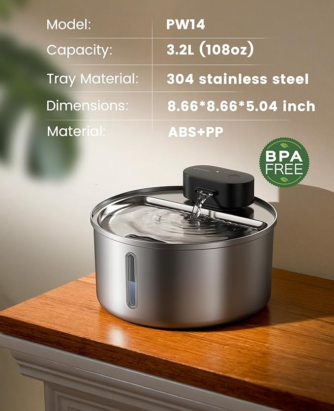 oneisall Cat Water Fountain Wireless: Stainless Steel 3.2L/108oz Cordless Pet Water Fountain, Ultra Quiet SilentFlowโข Pump, Battery Operated Automatic Water Dispenser for Cats Indoor, Motion Sensor