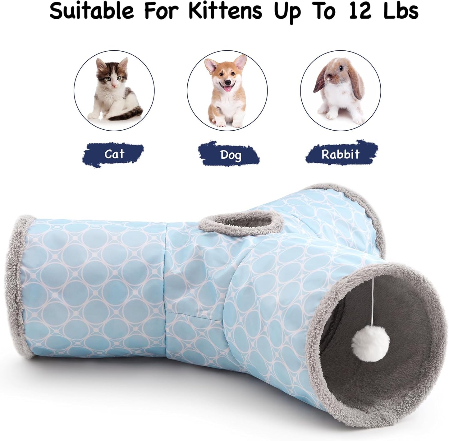 Tempcore Pet Cat Tunnel Tube Toys 3 Way Collapsible, Cat Tunnels for Indoor Cats Fleece-Lined in for Warmth,Kitty Tunnel Bored Cat Pet Toys Peek Hole Toy Ball Cat, Puppy, Kitten, Geometry Blue